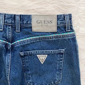 Guess Vintage High Rise Tapered Leg Mom Jeans Logo Pocket Ridged Denim Long